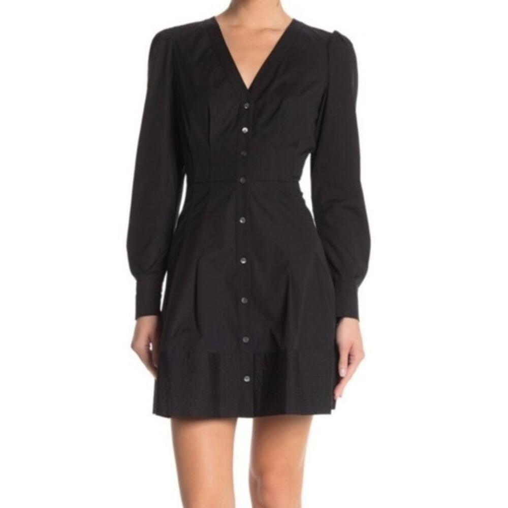 Veronica Beard black cotton poplin shirt mini dress stretch button up pleated 8